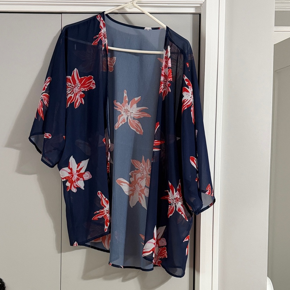 Sheer Navy Floral Kimono Cardigan - Women Tops
